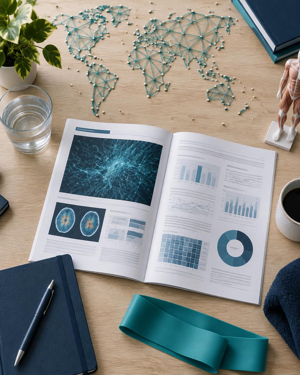 Publicación científica, material de actividad física y una red internacional representada sobre una mesa